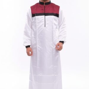 Men's White Muslim Thobe with Maroon and Black Color Block Chest Product Description