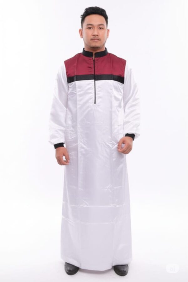 Men's White Muslim Thobe with Maroon and Black Color Block Chest Product Description