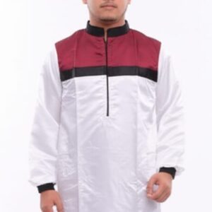 Men's White Muslim Thobe with Maroon and Black Color Block Chest Product Description