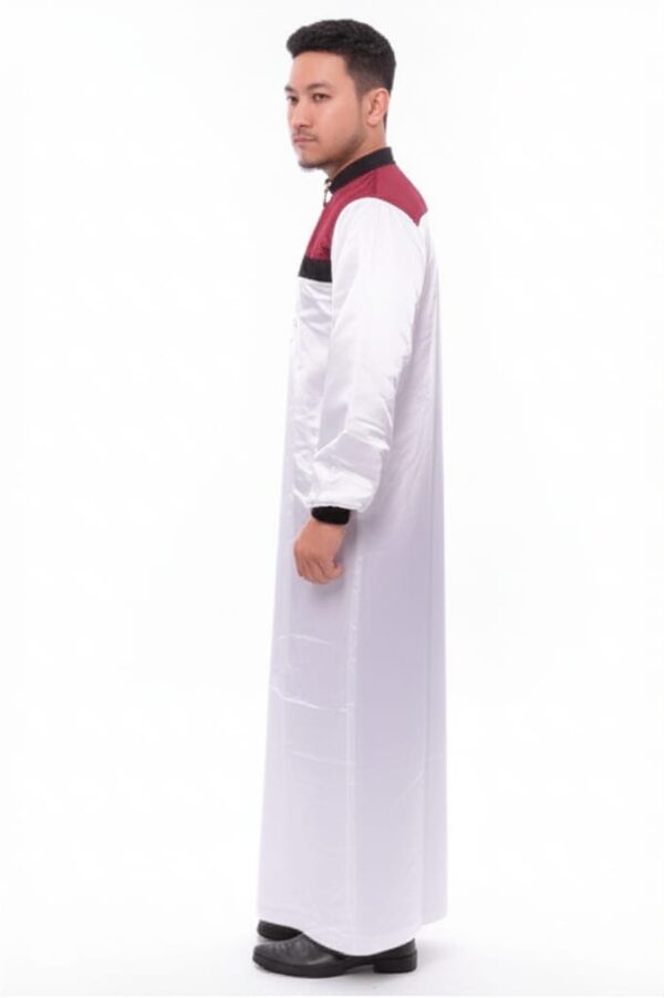 Men's White Muslim Thobe with Maroon and Black Color Block Chest Product Description - Image 2