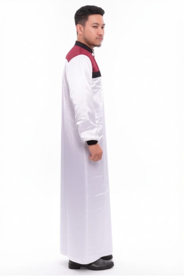 Men's White Muslim Thobe with Maroon and Black Color Block Chest Product Description - Image 3